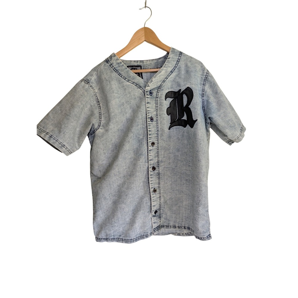 Rebel Minds Mens Acid Wash Denim Baseball Jersey Blue Rebel‎ 99 Large Streetwear